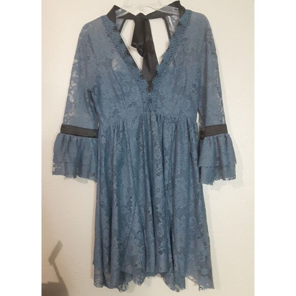 Free People Gilded Lace Victorian Mini Dress Dusty Blue Small P - Picture 7 of 15